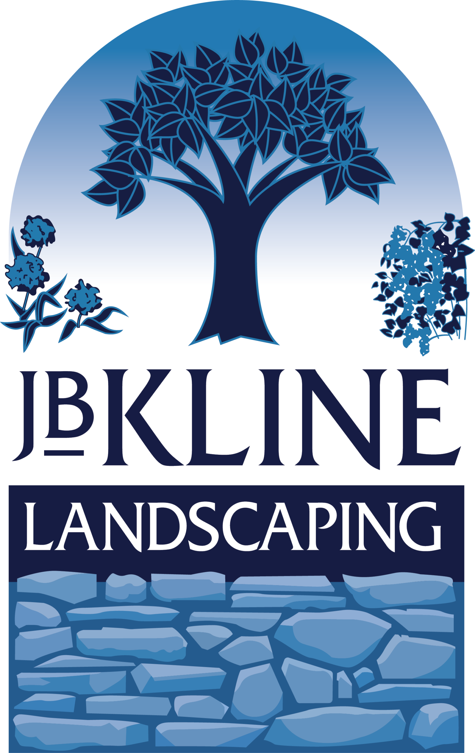 JB Kline logo, shades of navy blue brick wall with a tree in the center.